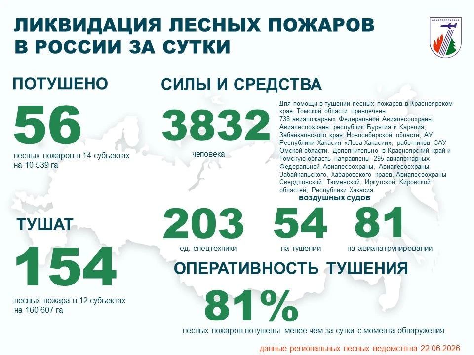 За прошедшие сутки в России потушены 56 лесных пожаров в 14 регионах