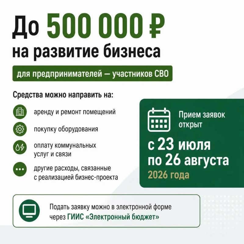 До 500 тысяч рублей на развитие бизнеса могут получить предприниматели — участники СВО